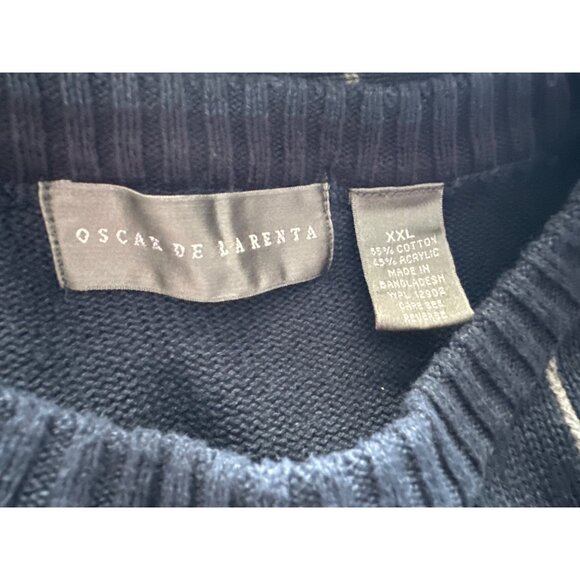 Oscar De La Renta Sweater Navy Brown Plaid Sweater Long Sleeve Cotton Blend XXL - Picture 4 of 4